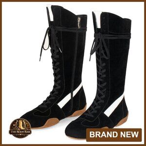 Knee High Lace Up Boxing Boots with Side Zipper Faux Suede Streetwear